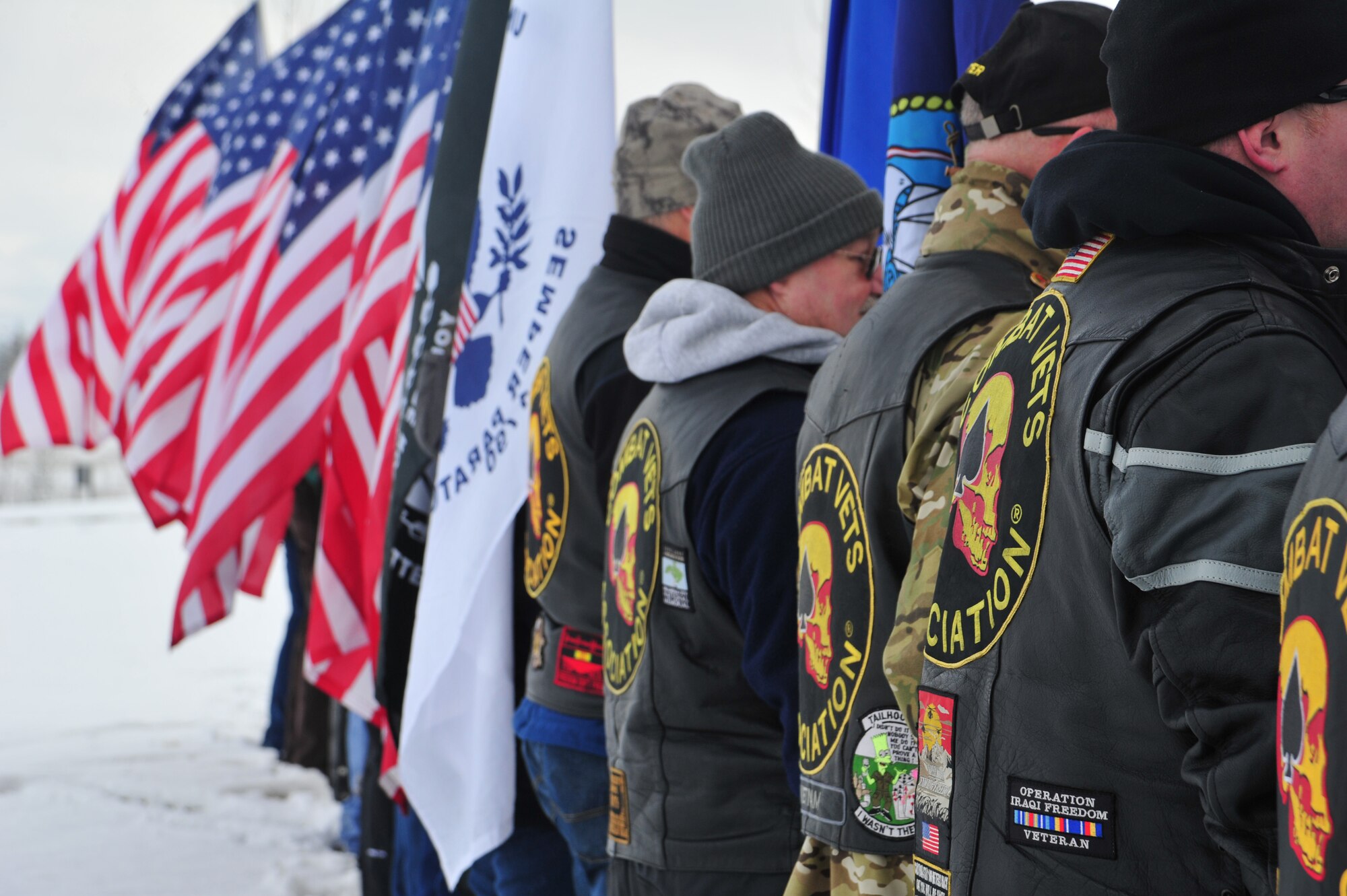Members of the Patriot Guard present the colors during the Wreaths Across America event at the Washington State Veteran’s Cemetery in Medical Lake, Wash., Dec. 15, 2012. The wreath-laying ceremony is held annually. (U.S. Air Force photo by Airman 1st Class Taylor Curry)