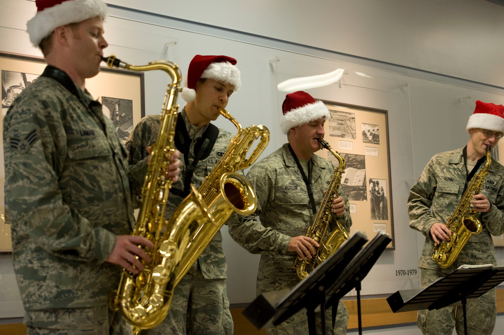 U.S. Air Force Band of the Golden West plays holiday musicals Dec. 14, 2012, at Nellis Air Force Base, Nev. The band performed at various locations during their visit to Nellis. (U.S. Air Force photo by Airman 1st Class Christopher Tam)