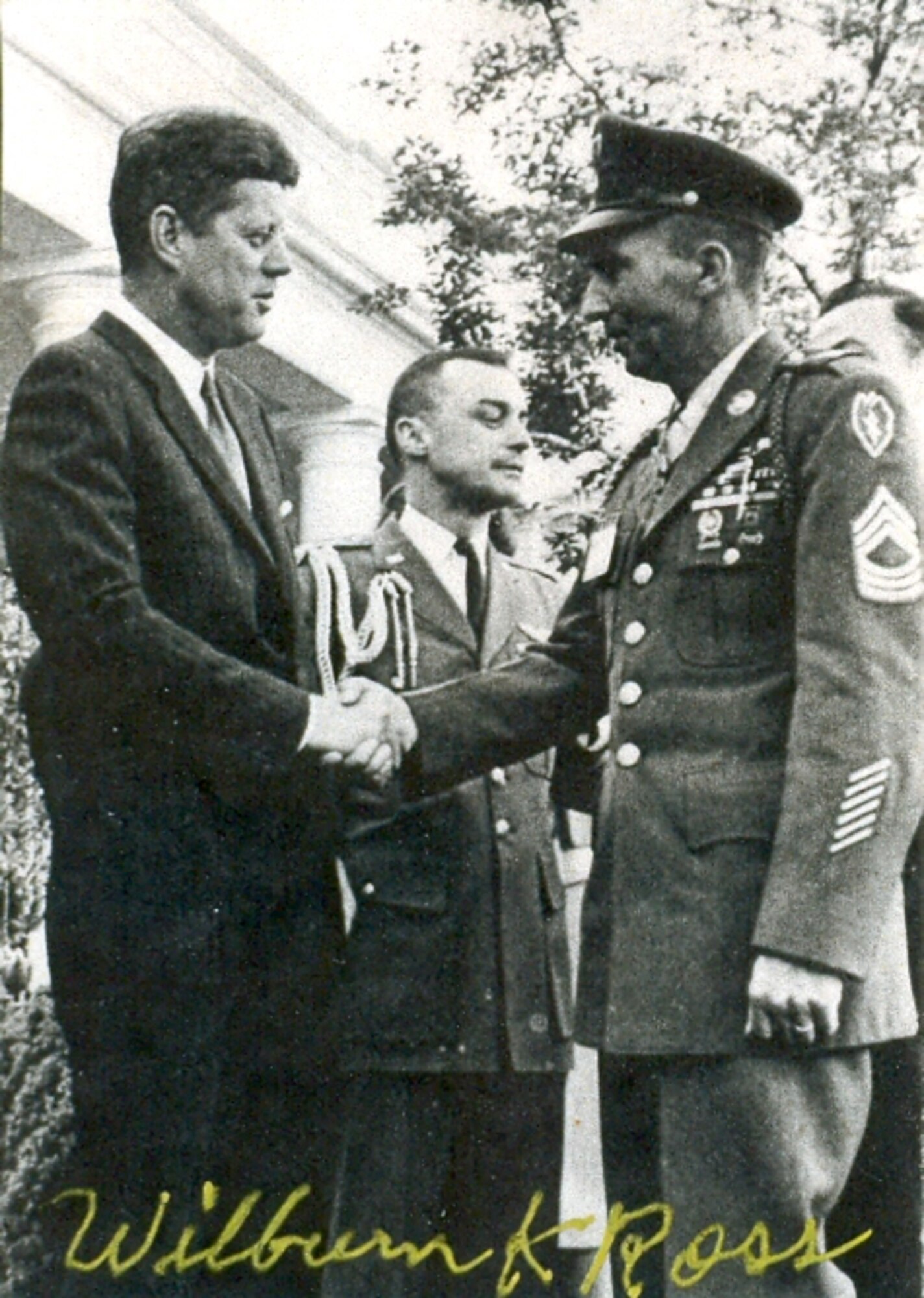 Master Sgt. Wilburn K. Ross (right) meets President John F. Kennedy in May, 1963. (Courtesy Photo)