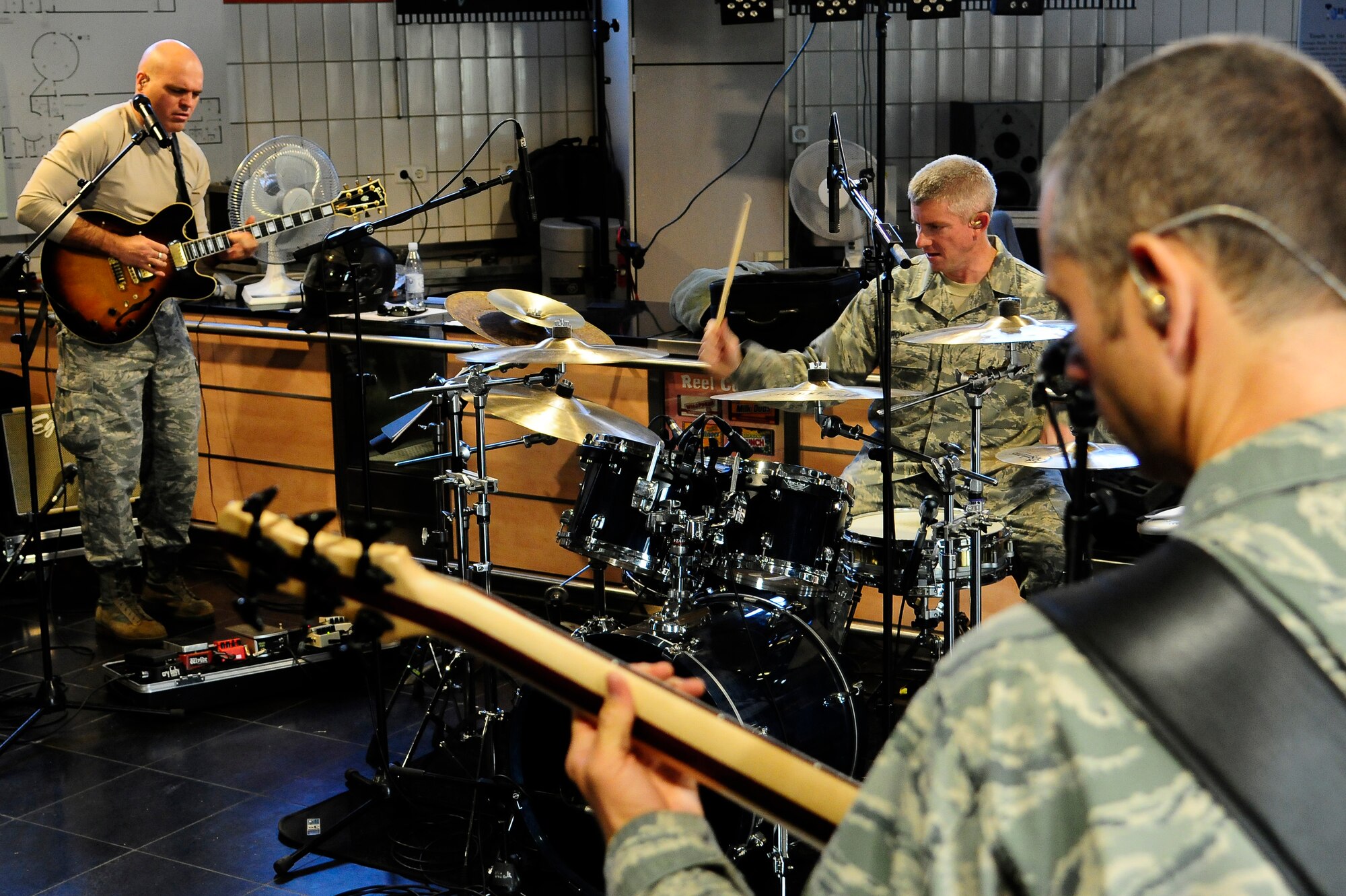Members of the U.S. Air Forces in Europe Band 'Touch 'N Go' practice for a show on Ramstein Air Base, Germany, Nov. 6, 2012. Nine different ensembles make up the USAFE Band who harness the power of music to inspire long lasting impressions, support the global Air Force mission and increase Airmen morale. (U.S. Air Force photo/Airman 1st Class Hailey Haux)