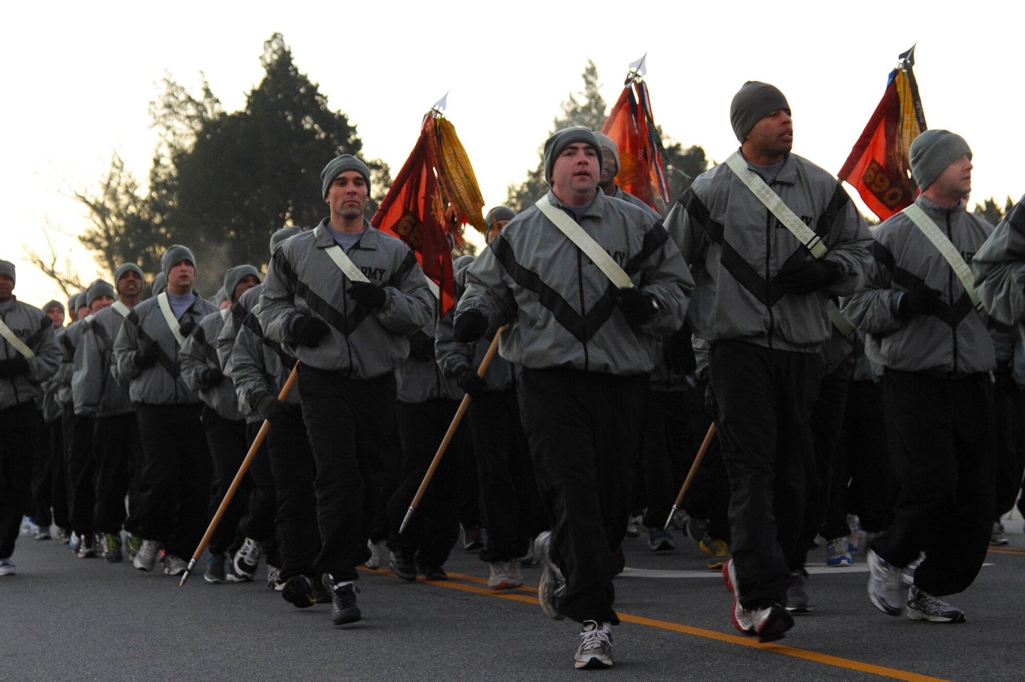 Various units across the installation participate in the Holiday Run at Fort Eustis, Va., Dec. 14, 2012. The event consisted of a 2.2 mile run around the installation. (U.S. Air Force photo by Airman 1st Class Victoria Taylor/Released) 