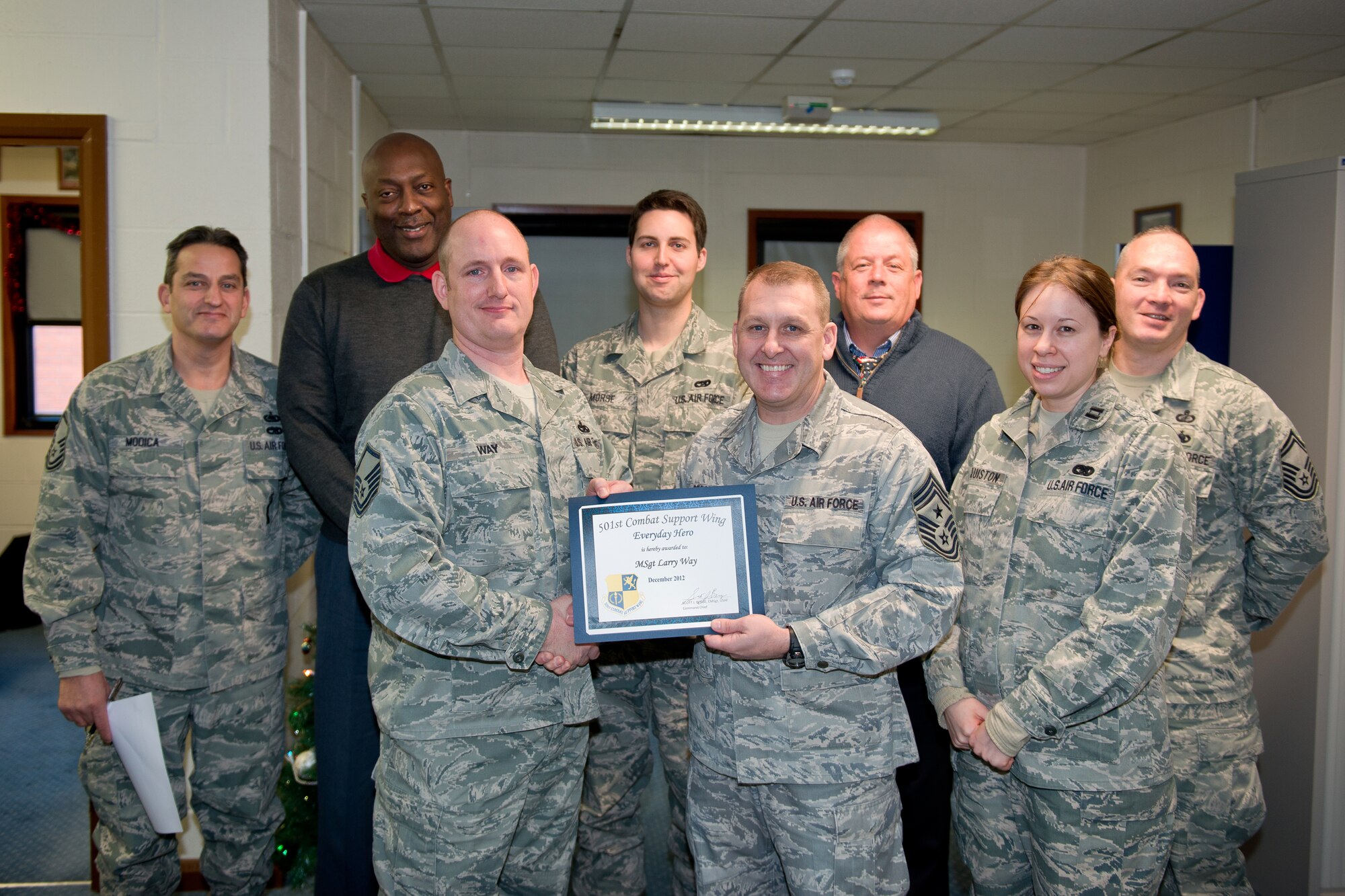 RAF ALCONBURY, United Kingdom -- Master Sgt. Larry Way, 501st Combat Support Wing logistics office, was named December’s 501st CSW Everyday Hero from the 501st CSW Staff. Way, the logistics contracting officer representative, provides technical oversight of contracted vehicle maintenance, vehicle operations and the traffic management office, ensures a 97 percent vehicle in commission rate and is accountable for $400,000 worth of equipment and assets used by the contractors. He has been consolidating inputs from mission partners and wing offices to ensure the logistics contract going out for bid accurately represents the needs of the 501st CSW and mission partners. Way’s experience in heavy vehicle maintenance has been key to maintaining vehicle equipment at RAF Fairford, where provided his expertise to keep two firefighting vehicles in working order. (U.S. Air Force photo by Capt. Brian Maguire)