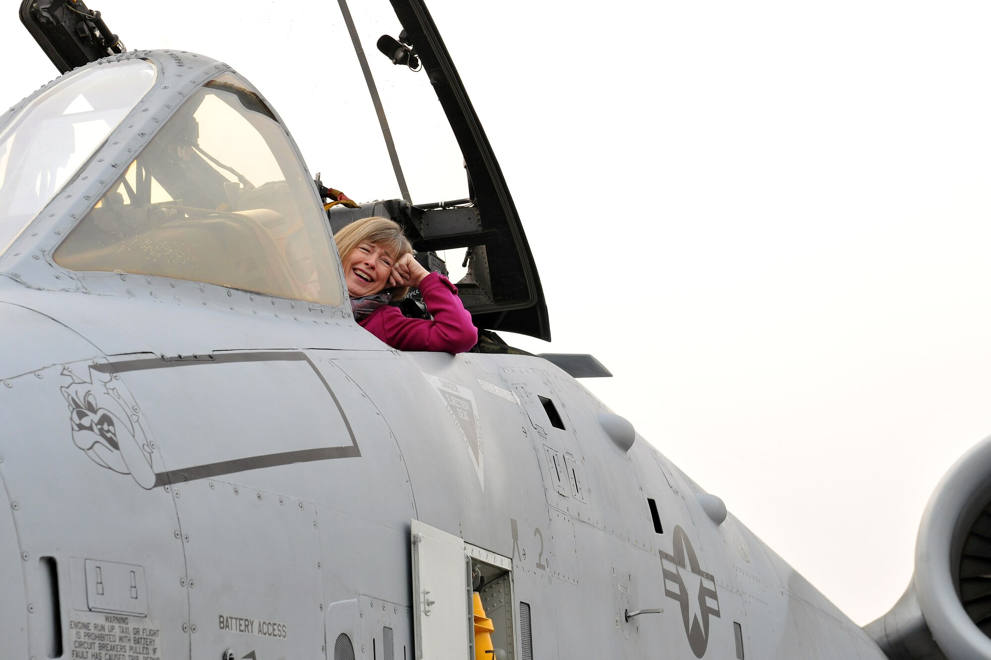 Deanie Dempsey, wife of the 18th Chairman of the Joint Chiefs of Staff Army Gen. Martin Dempsey, gets a tour of a U.S. Air Force A-10 Thunderbolt II at Bagram Airfield, Afghanistan, Dec. 15, 2012.  Accompanying the Chairman’s wife on her seven-day, four-country trip abroad was Washington Capitals forward Matt Hendricks, Washington Nationals pitchers Ross Detwiler and Craig Stammen, country music singer Kellie Pickler and comedian lliza Shlesinger. (U.S. Air Force photo/Senior Airman Chris Willis)