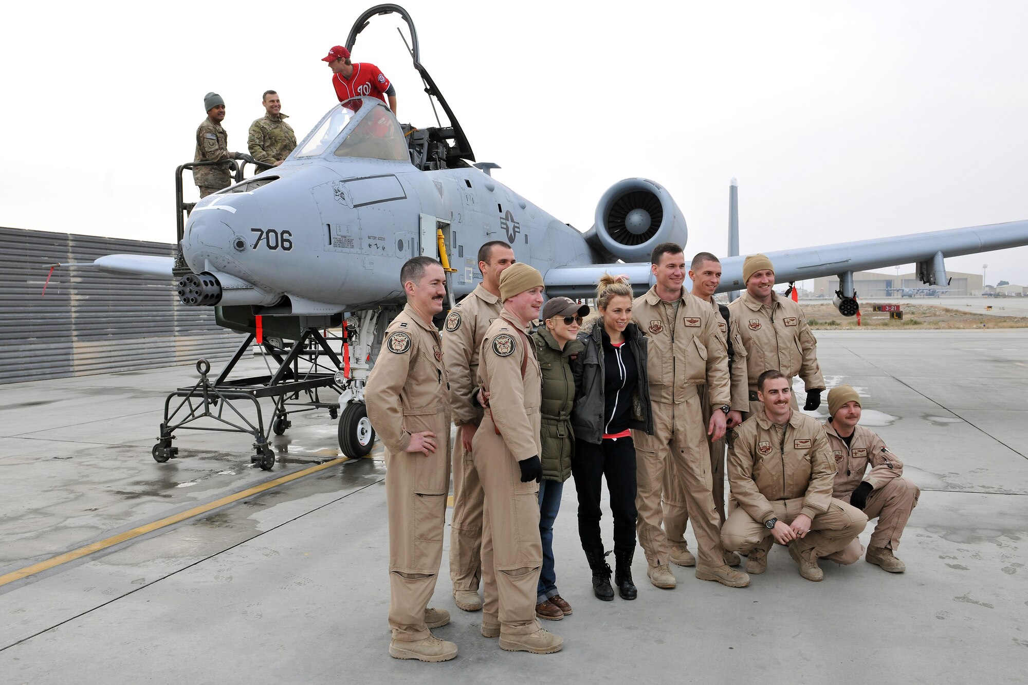 Country music singer Kellie Pickler, comedian lliza Shlesinger, and Washington National pitchers Craig Stammen, meet with Airmen at Bagram Airfield, Afghanistan, Dec. 15, 2011.  The USO seven-day, four-country trip abroad also featured Washington Capitals forward Matt Hendricks, and Washington Nationals pitcher Ross Detwiler.   (U.S. Air Force photo/Senior Airman Chris Willis)