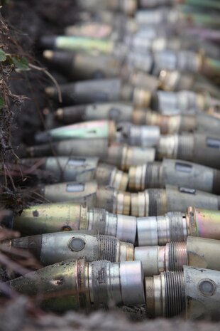 A line of artillery fuses await destruction in a trench dug by ammunition technicians with Ammunition Company, 2nd Supply Battalion, 2nd Marine Logistics Group during a demolition aboard Camp Lejeune, N.C., Dec. 4, 2012. The unit detonated a total of 17 caches of high explosives and burned a pit of small-arms ammunition over the course of the training.