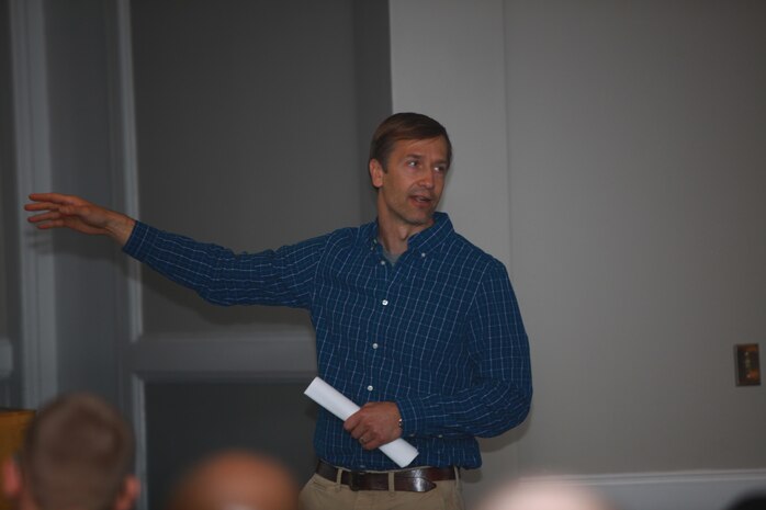 Craig E. Ten Brink, a Glen Rock, N.J., native, and the base threatened and endangered species program manager, discusses the negative impact humans can have on the environment during a training seminar with 2nd Marine Logistics Group aboard Camp Lejeune, N.C., Dec. 5, 2012. Ten Brink cautioned the Marines to dispose of waste the proper way and to watch out for fellow servicemembers’ recycling habits.  