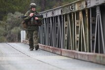 A Marine with 8th Engineer Support Battalion, 2nd Marine Logistics Group crosses a bridge during the unit’s dismounted patrol training aboard Camp Lejeune, Dec. 13, 2012. The bridge served as one of many training sites for the unit as they conducted reconnaissance and resupply operations under the constant threat of attack from fellow Marines. 