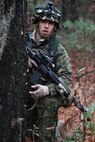 Cpl. Damon R. Ortega, a combat engineer with 8th Engineer Support Battalion, 2nd Marine Logistics Group, surveys a possible ambush site during a training operation aboard Camp Lejeune, N.C., Dec. 13, 2012. Three platoons of Marines competed to complete opposing objectives over the course of a three-day training event designed to prepare the engineers to complete missions with dismounted units. 