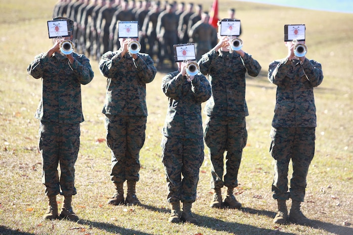 Marines with the 2nd Marine Division Band play during Combat Logistics Regiment 27, 2nd Marine Logistics Group’s change of command ceremony aboard Camp Lejeune, N.C., Dec. 14, 2012. The band played traditional parade songs such as “Anchors Away” and the “Marines’ Hymn” as the unit welcomed its new commanding officer, Col. Gary F. Keim.