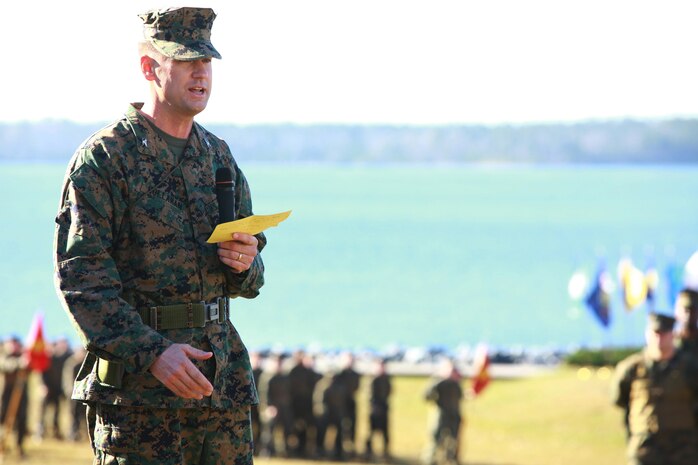 Col. Mark R. Hollahan, the departing commander of Combat Logistics Regiment 27, 2nd Marine Logistics Group, gives his farewell address during the regiment’s change of command ceremony aboard Camp Lejeune, N.C., Dec. 14, 2012. Hollahan thanked the servicemembers for their hard work and dedication and said he was humbled by his experiences.