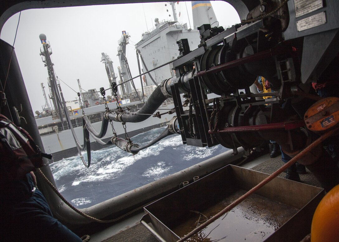 Fuel lines transport fuel from the USNS Big Horn to the USS Bataan (LHD 5) during a refuel at sea off the coast of North Carolina, Dec. 16, 2012. The USS Bataan is currently supporting the 26th Marine Expeditionary Unit in a group sail exercise in preparation for their upcoming deployment. The 26th MEU operates continuously across the globe, providing the president and unified combatant commanders with a forward-deployed, sea-based quick reaction force. The MEU is a Marine Air-Ground Task Force capable of conducting amphibious operations, crisis response, and limited contingency operations. The 26th MEU is slated to deploy in 2013. (U.S. Marine Corps photo by Cpl. Christopher Stone/Released)