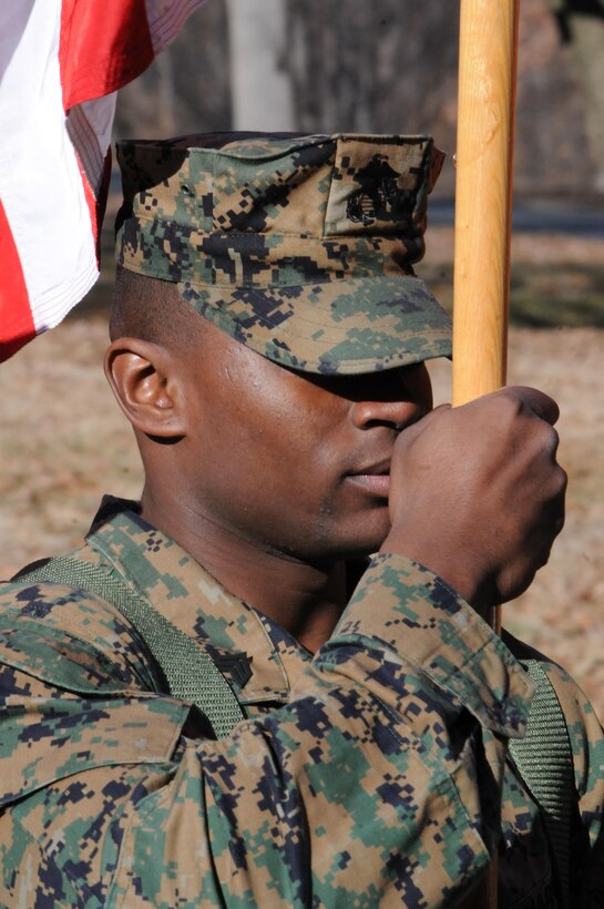 Sgt. Alex Tucker, base color sergeant, Ceremonial Platoon, performs carry colors during a practice session. Tucker, a Philadelphia native, is Quantico’s 13th color sergeant since 1999.