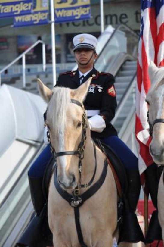 Corporal Cherisess Paige, a stableman with the Marine Corps Mounted Color Guard stationed aboard Marine Corps Logistics Base Barstow, Calif., poses in front of the Thomas Mac Center, Las Vegas, Dec. 11. The MCG presented colors during the opening ceremony for the 2012 National Finals Rodeo, Dec. 12.
