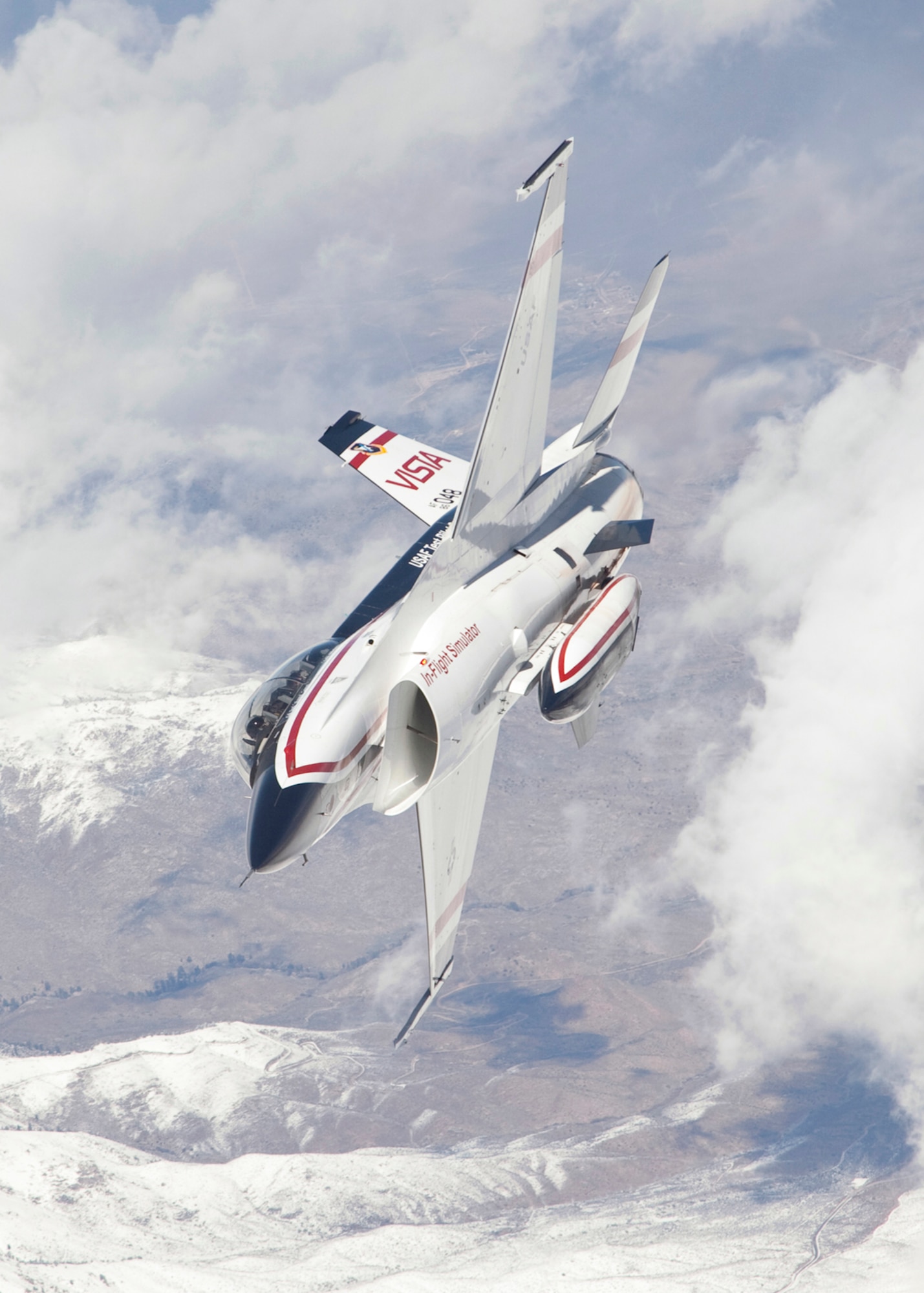 The NF-16D Variable Stability In-Flight Simulator Test Aircraft (VISTA) is one of the core-curriculum aircraft that students, attending the U.S. Air Force Test Pilot School, may fly during the completion of their test management project, which is a real-world, real-impact test program. (U.S. Air Force photo by Bobbi Zapka)