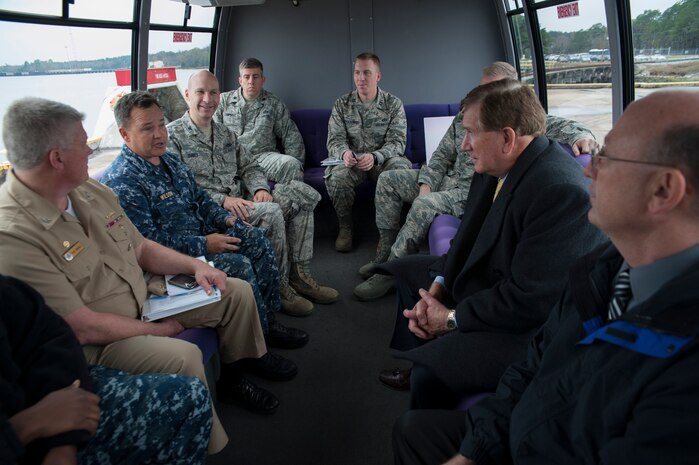 Terry Yonkers, Assistant to the Secretary of the Air Force for Installations, Environment and Logistics, meets with Joint Base Charleston leadership at Wharf Alpha, Dec. 13, 2012, at JB Charleston - Weapons Station, S.C. Yonkers visited JB Charleston to tour various work centers on base and speak with Airmen and Sailors. Yonkers is responsible for providing oversight for all matters pertaining to the formulation, review, and execution of plans, policies, programs, and budgets for installations, energy, environment, safety and occupational health as well as weapon systems logistics support. (U.S. Air Force photo/Airman 1st Class Ashlee Galloway)