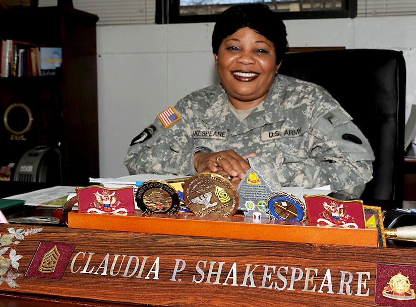 U.S. Army Sgt. Maj. Claudia Shakespeare is the battalion sergeant major of the 833rd Transportation Battalion at Fort Eustis, Va. Shakespeare is responsible for the oversight of approximately 200 Soldiers, which involves training, maintaining and leading throughout the enlisted force. (U.S. Air Force photo by Staff Sgt. Ashley
Hawkins/Released)
