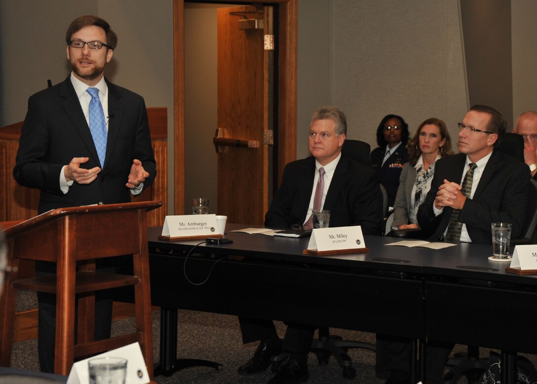 Acting Under Secretary of the Air Force Dr. Jamie Morin speaks at the Air Force Small Business awards ceremony at Wright-Patterson Air Force Base, Ohio., Dec. 17, 2012. Morin visited the base to recognize individual and unit efforts in support of the Air Force Small Business Program, and meet with senior leaders and industry partners to emphasize the Air Force’s commitment to small business initiatives. (Photo by Michelle Gigante)