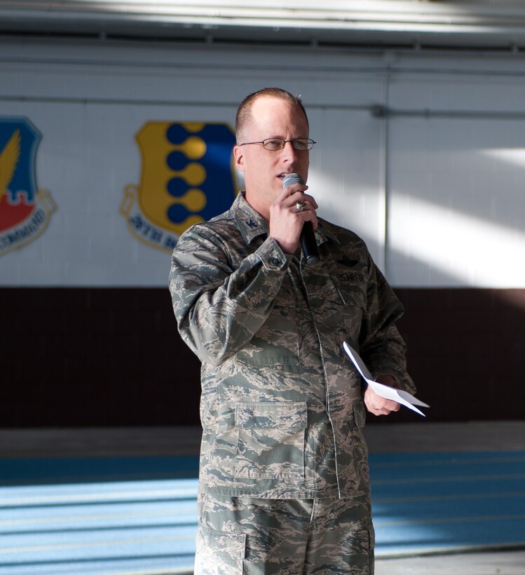 Col. Mark Weatherington, 28th Bomb Wing commander, addresses Ellsworth Airmen about the Air Force’s zero tolerance stance on sexual assault during a commander’s call in the Pride Hangar at Ellsworth Air Force Base, S.D., Dec. 13, 2012. Weatherington focused on preventing sexual assault during the commander’s call, reinforcing that it is everyone’s responsibility to prevent it and create an environment free of harassment. (U.S. Air Force photo by Airman 1st Class Alystria Maurer/Released)