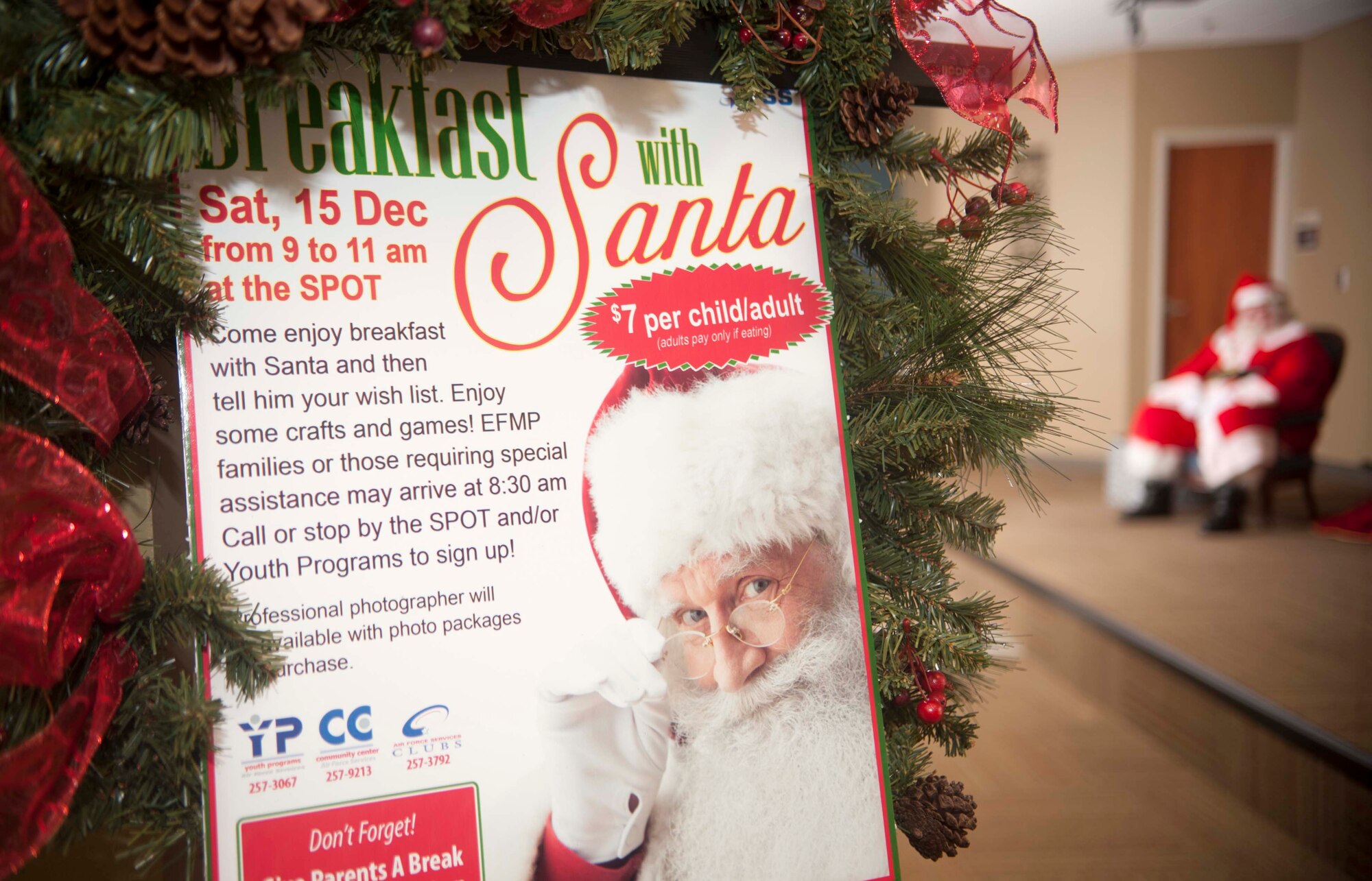 The 23d Force Support Squadron held the annual Breakfast with Santa at Moody Air Force Base, Ga., Dec.  15, 2012. The event allowed children to take photos with Santa and tell what they wanted for Christmas. (U.S. Air Force photo by Airman Paul Francis/Released) 

