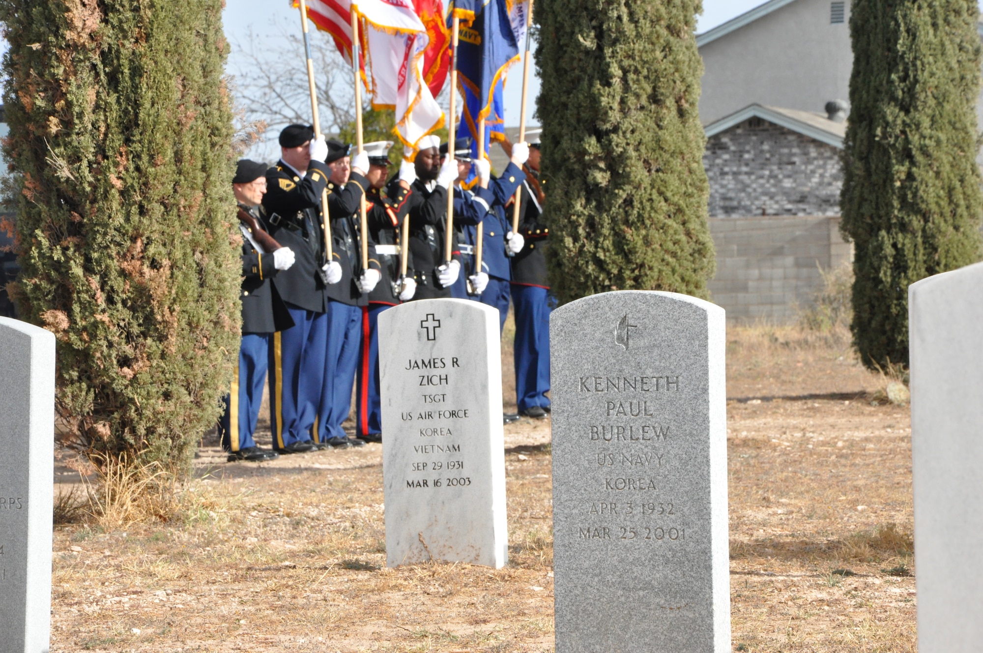 SAN ANGELO, Texas – The Joint Service Color Guard prepares to post the colors during the Wreaths Across America event at the Belvedere Cemetery Dec. 15. This event was hosted by the San Angelo Composite Squadron Civil Air Patrol, to honor deceased service members and their families. (U.S. Air Force photo/ 1st Lt. Leanne Hedgepeth)