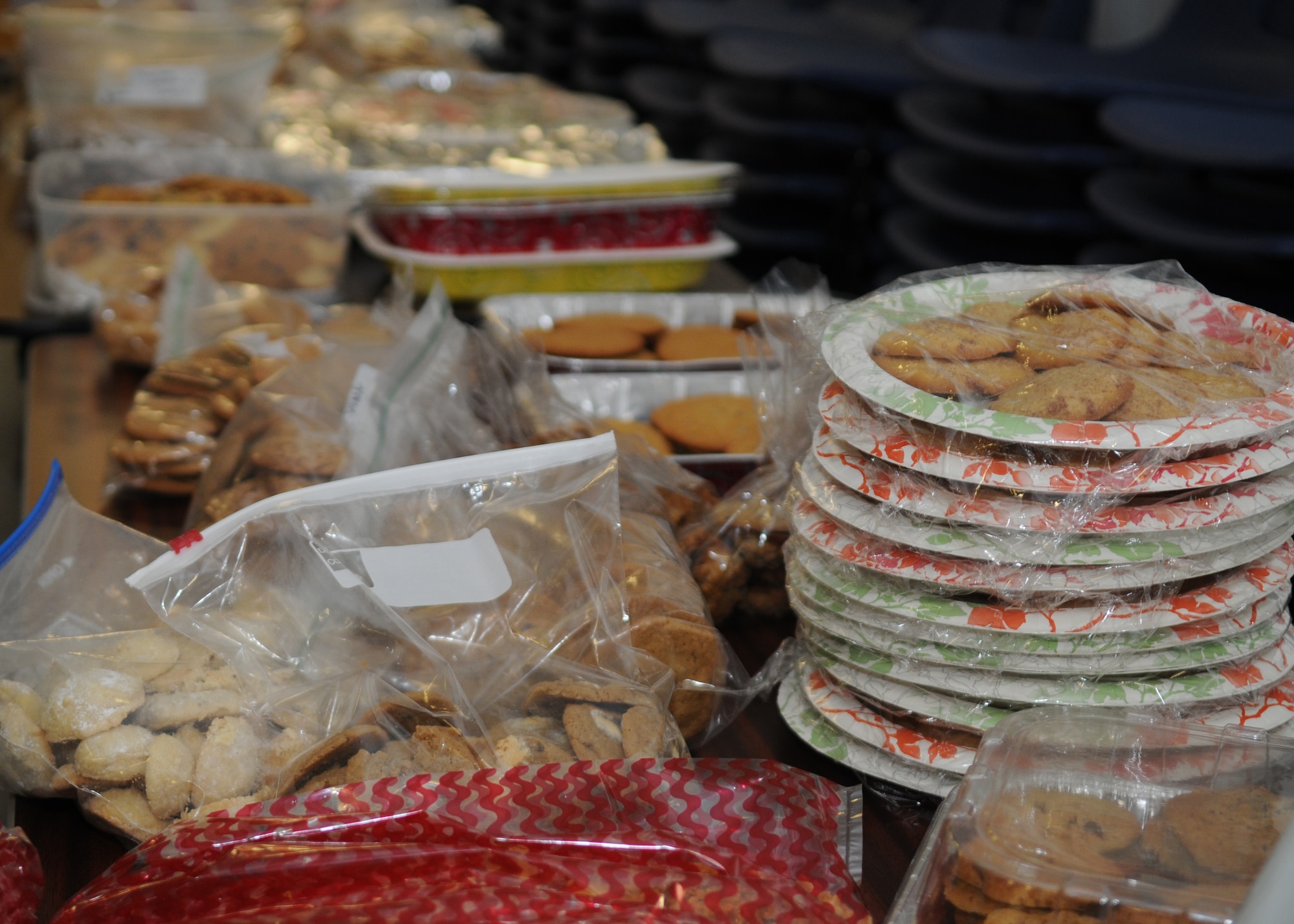 A stack of cookies rests on a table Dec. 18, 2012, at the base chapel, RAF Mildenhall, England. Team Mildenhall members donated the cookies for the Dorm Dweller Cookie Drive. (U.S. Air Force photo by Airman 1st Class Dillon Johnston/Released)