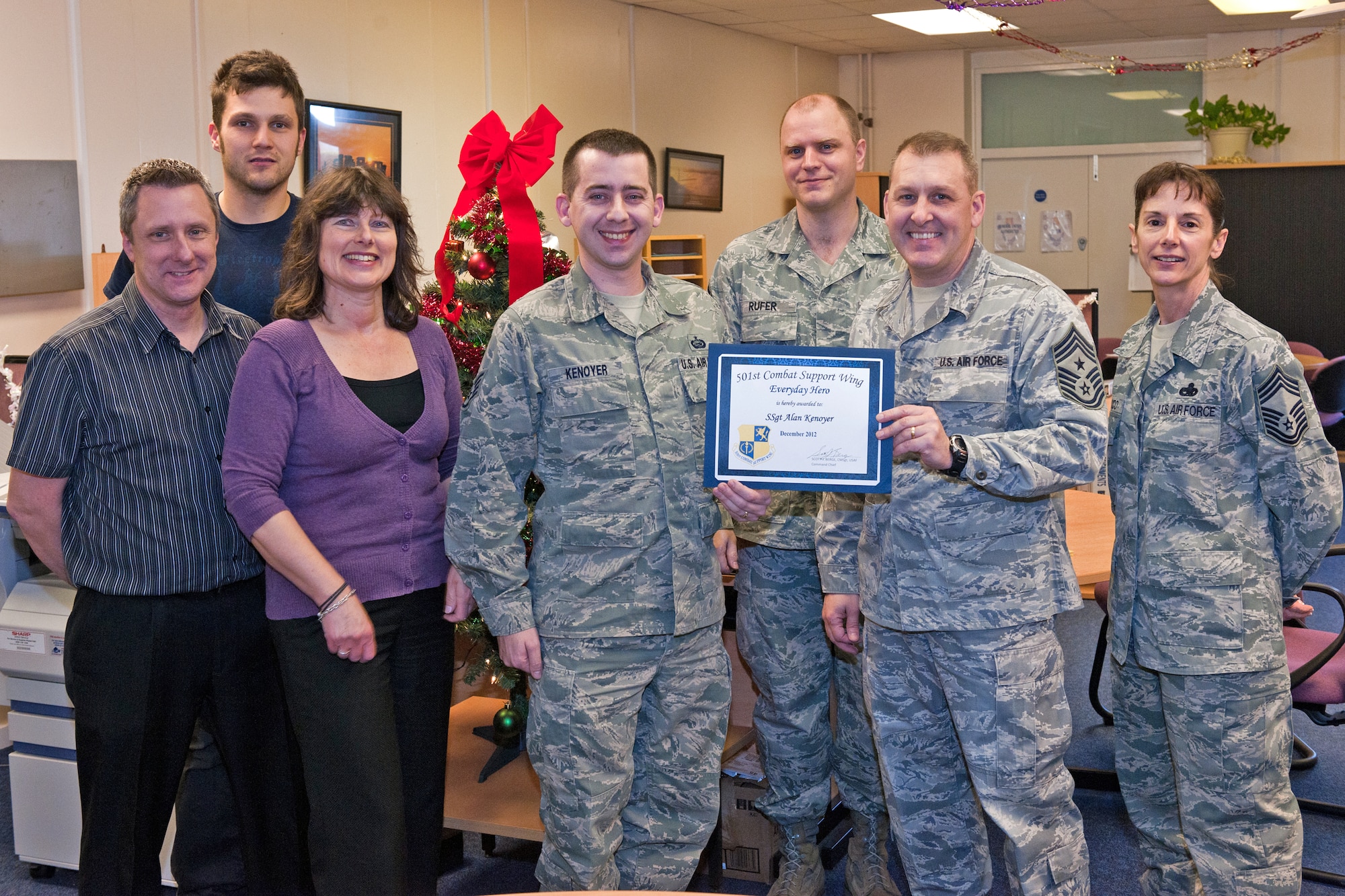 RAF CROUGHTON, United Kingdom – Staff Sgt. Alan Kenoyer, 422nd Air Base Squadron force management NCOIC, was named December’s 501st CSW Everyday Hero from the 422nd Air Base Group. Kenoyer displays a positive attitude and provides excellent service to everyone that walks through the door of the RAF Croughton Military Personnel section. He has been instrumental in success of the CSS after the short notice departure of a coworker. Kenoyer picked up his coworkers four additional programs and dug into the Air Force Instructions for the guidance to support his customers. (U.S. Air Force photo by Staff Sgt. Brian Stives) 