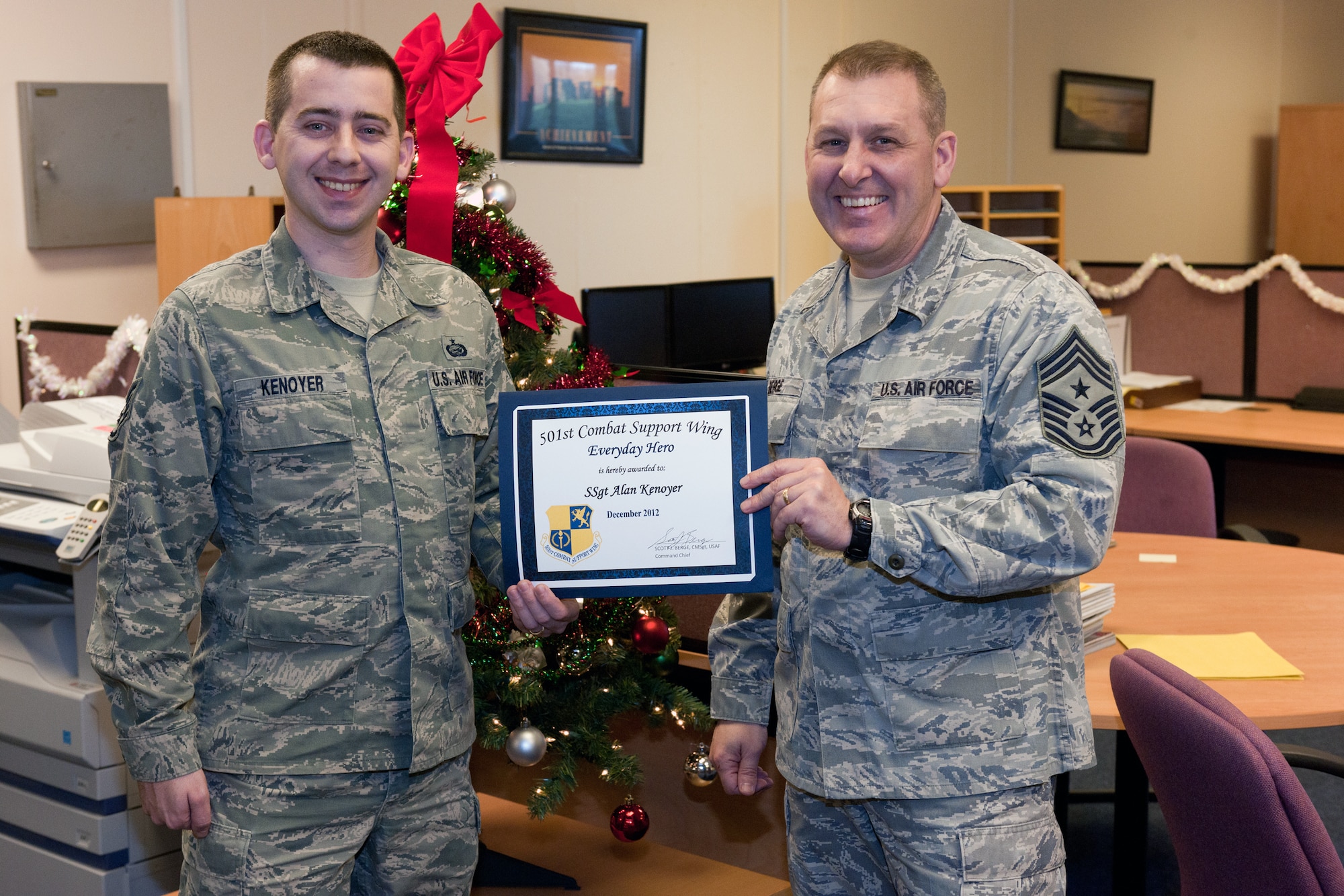 RAF CROUGHTON, United Kingdom – Staff Sgt. Alan Kenoyer, 422nd Air Base Squadron force management NCOIC, was named December’s 501st CSW Everyday Hero from the 422nd Air Base Group. Kenoyer displays a positive attitude and provides excellent service to everyone that walks through the door of the RAF Croughton Military Personnel section. He has been instrumental in success of the CSS after the short notice departure of a coworker. Kenoyer picked up his coworkers four additional programs and dug into the Air Force Instructions for the guidance to support his customers. (U.S. Air Force photo by Staff Sgt. Brian Stives) 