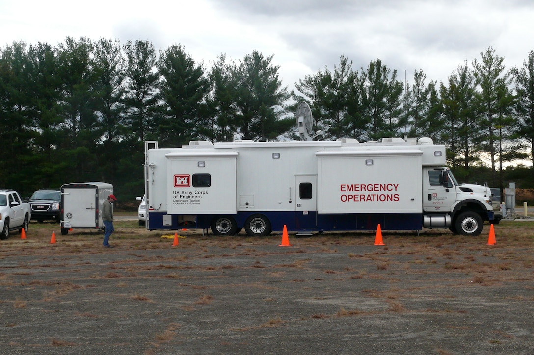 The Emergency Command and Control Vehicle, which is maintained and stored in the Nashville District, is being operated at Lakehurst Naval Air Station, N.J., Oct. 31, 2012 in support of a power generator mission for the Philadelphia District in the wake of Hurricane Sandy. (USACE photo by Tim Rochelle)