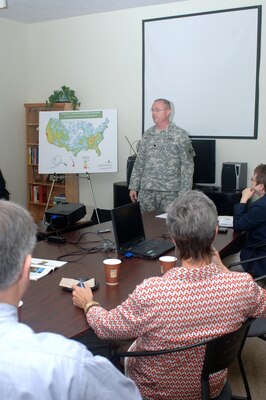 Lt. Col. Craig Hamilton, deputy district engineer for the U.S. Army Corps of Engineers Memphis District, talks about his district's support for this memorandum of agreement that supports his district's purpose of halting the decline of fresh water mussels. He represented the Memphis District during a memorandum of agreement signing May 23, 2011 in Nashville, Tenn. (USACE photo by Leon Roberts)