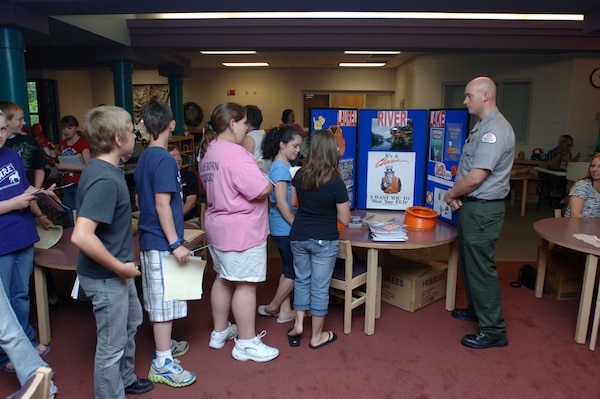 Laurel Lake Park Ranger Daniel Clark, U.S. Army Corps of Engineers Nashville District, interacts with fourth and fifth grade students May 26, 2011 during a Career Day event at Hunter Hills Elementary School in Corbin, Ky. (USACE photo by Lee Roberts)