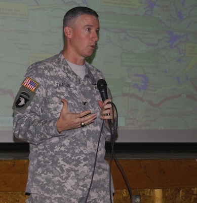 Col. Michael Teague, Tulsa District commander, updates attendees about the affects of the drought on Eufaula Lake.