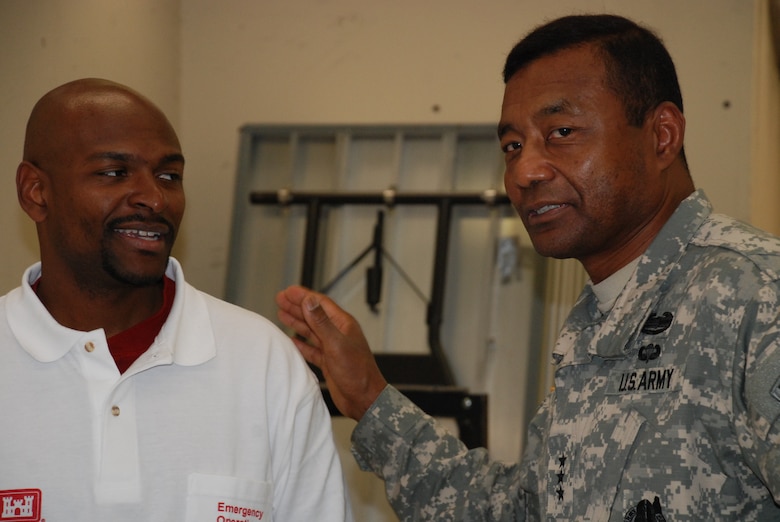 Chief of Engineers Lt. Gen. Thomas P. Bostick, right, visited the New Jersey Recovery Field Office, where he was briefed by Tim Brown, mission manager for the Housing Planning Response Team. 