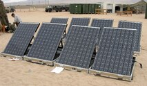 Marines go green with the Ground Renewable Expeditionary Energy Network System. The system uses an array of solar panels that can power a variety of radios, computers and other electronic devices, as well as systems common in combat operations centers. (