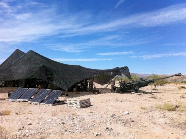 A new solar-powered energy distribution system is being tested near Marine Corps Air Station Yuma in the Chocolate Mountain Aerial Gunnery Range, Calif., by Marines of Bravo Battery 1-10, based out of Camp Lejeune, N.C., in October. “We’re trying to figure out its capabilities,” said Staff Sergeant William Rauschelbach, 1-10 Bravo Battery Marines’ platoon sergeant. “Right now, it’s powering the M777 Howitzer.” 