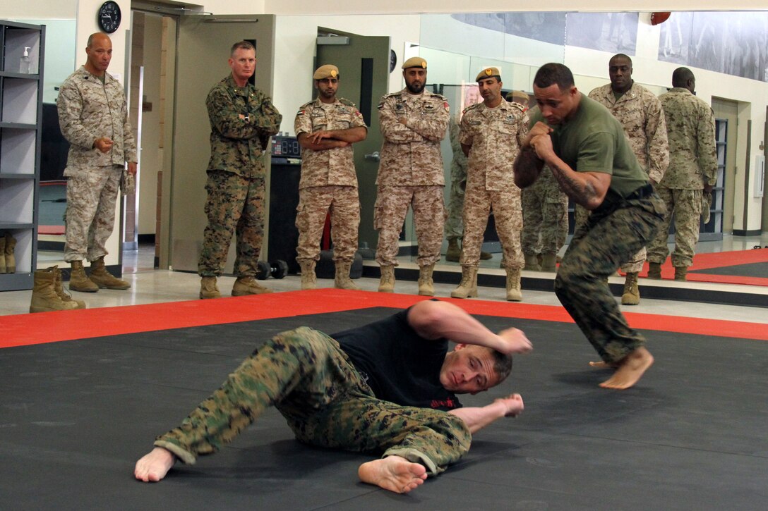 Instructors with Weapons and Field Training Battalion demostrate Marine Corps Martial Arts Program techniques to Marines and leaders with the United Arab Emirates Presidential Guard Institute aboard Edson Range, Marine Corps Base Camp Pendleton, Calif., Dec. 5.  The demonstration gave the group a better understanding of MCMAP and the purpose of the skills recruits learn during recruit training.