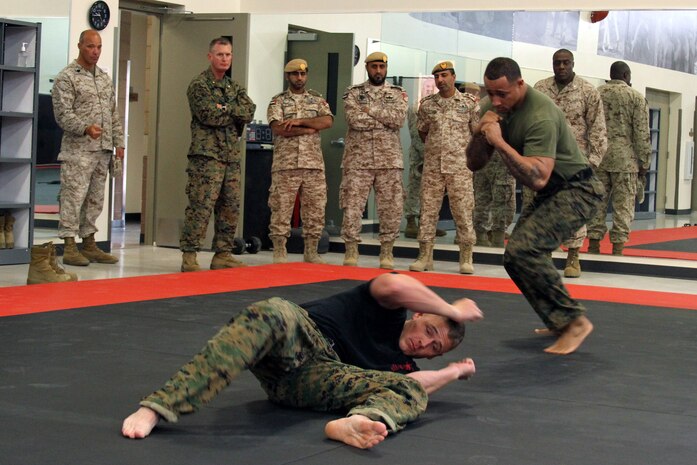 Instructors with Weapons and Field Training Battalion demostrate Marine Corps Martial Arts Program techniques to Marines and leaders with the United Arab Emirates Presidential Guard Institute aboard Edson Range, Marine Corps Base Camp Pendleton, Calif., Dec. 5.  The demonstration gave the group a better understanding of MCMAP and the purpose of the skills recruits learn during recruit training.