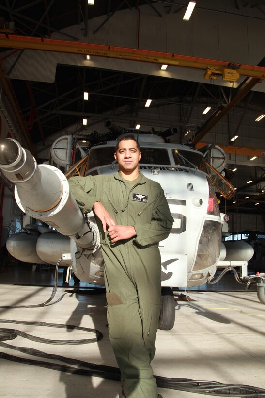 Cpl. Rashad Ellis, a CH-53E mechanic and aerial observer with Marine Heavy Helicopter Squadron 366.
