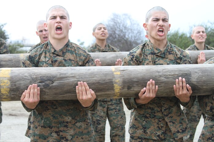 Recruits perform curls with their group during log drills aboard Marine Corps Recruit Depot San Diego Dec. 18.  Recruits learned the importance of teamwork during this event as they worked to move a log weighing more than 250 pounds.