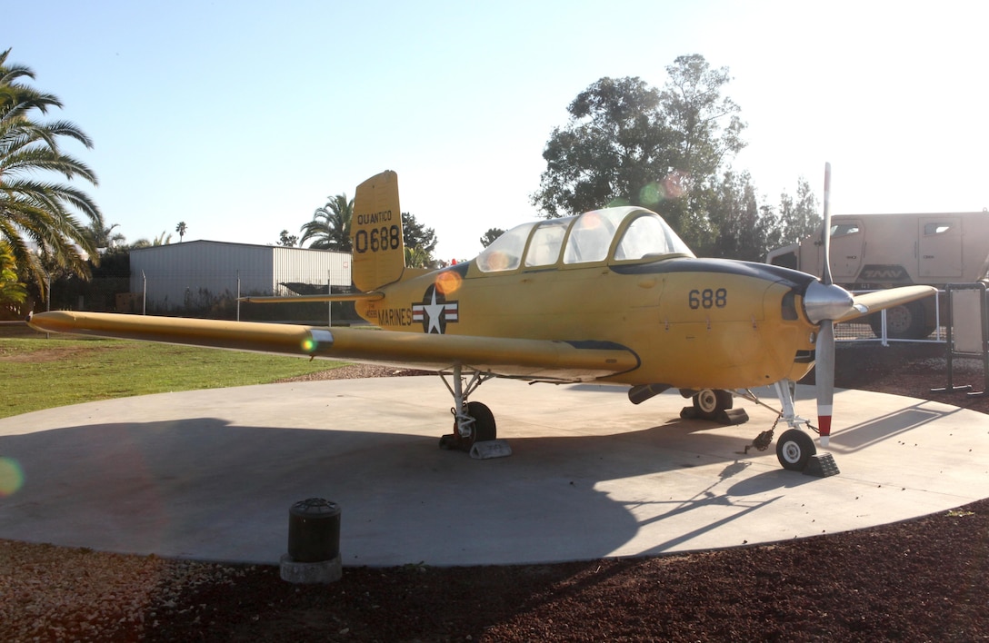 A T-34 training plane is displayed at the Flying Leatherneck Aviation Museum, Dec. 8.  Retired Lt. Col. Jay N. Bibler, a former F-4 Phantom pilot and a native of San Jaquin Valley, Calif., flew in this type of plane during pilot training in 1958.