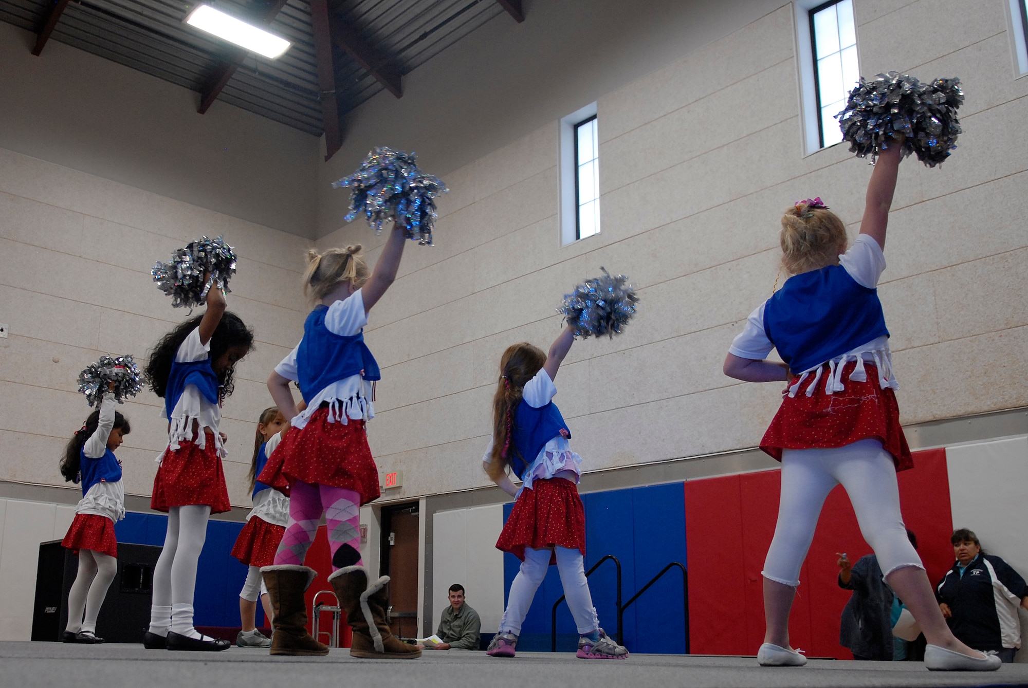 VANDENBERG AIR FORCE BASE, Calif. -- Team V dependents perform a cheer routine in the "U Got Talent" talent show at the Vandenberg Youth Center here Wednesday, April 25, 2012. The talent show is an annual event. (U.S. Air Force photo/Jennifer Green-Lanchoney)