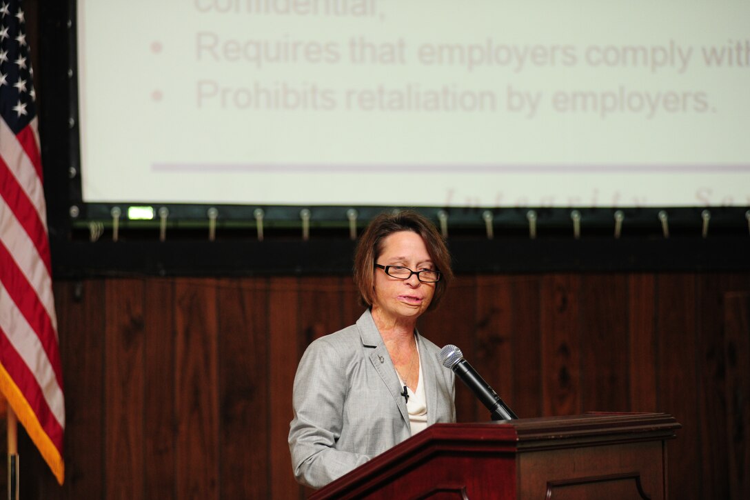 JOINT BASE ANDREWS, Md. -  Kendra Duckworth, U.S. Air Force Equal Opportunity Office disability program manager, talks to base leadership and hiring managers of local government agencies, Dec. 11, 2012, at her presentation on hiring wounded warriors and individuals with disabilities. Duckworth is responsible for developing and administering Air Force-wide policy regarding disability and reasonable accommodation requirements for more than 170,000 civilian employees. (U.S. Air Force photo/ Staff Sgt. Select Amber Russell)