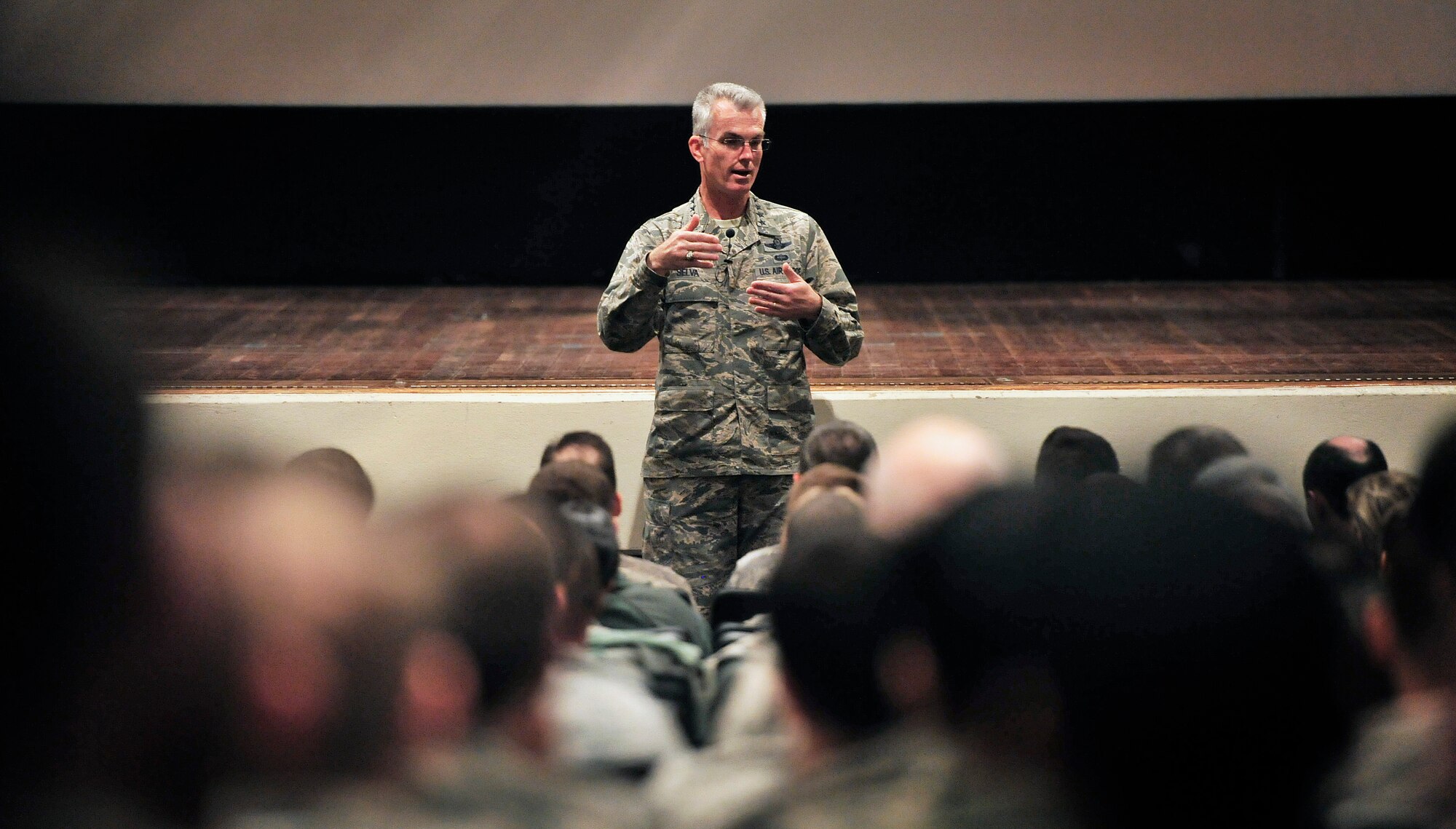 Gen. Paul Selva, Air Mobility Command commander, addresses Airmen from Scott Air Force Base, Ill., during a visit , Dec. 18, 2012, as part of his visit to AMC bases. This was the last stop for the general as he started his tour of AMC bases across the world. (U.S. Air Force photo/Staff Sgt. Ryan Crane)
