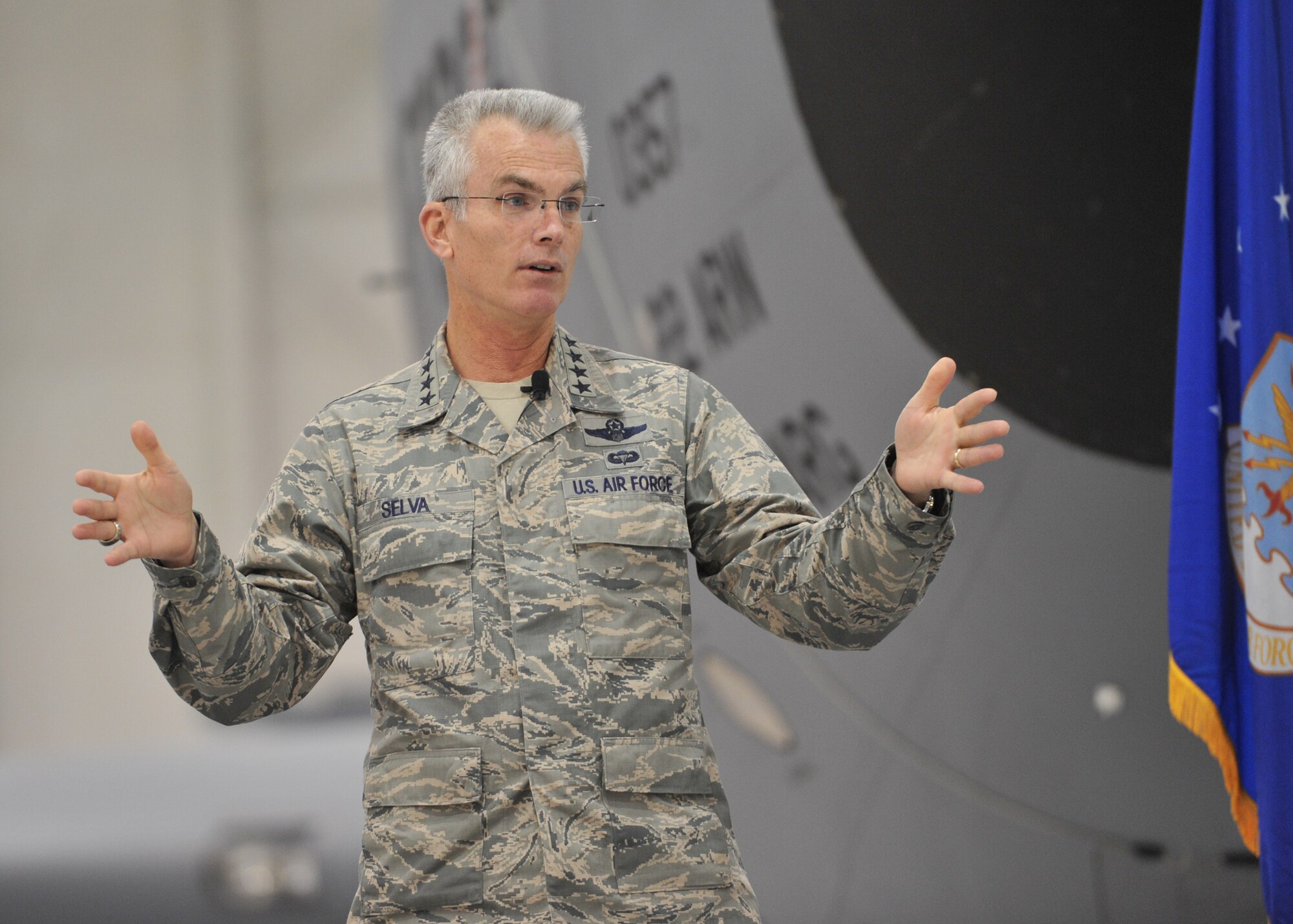 Paul Selva, Air Mobility Command commander, addresses McConnell Airmen as part of his visit to AMC bases Dec. 18. 2012, McConnell Air Force Base, Kan. Selva has been visiting bases with AMC missions to meet with Mobility Airmen and discuss his priorities: executing the mission, cultivating a caring and respectful workplace, and training airmen. (U.S. Air Force photo/Airman 1st Class Maurice A. Hodges)
