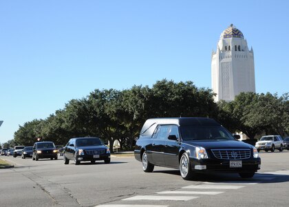 A motorcade transports the remains of retired Col. Ralph Parr Dec. 17 from the funeral service at Joint Base San Antonio-Randolph to the graveside service at Fort Sam Houston National Cemetery. (U.S. Air Force photo by Melissa Peterson)
