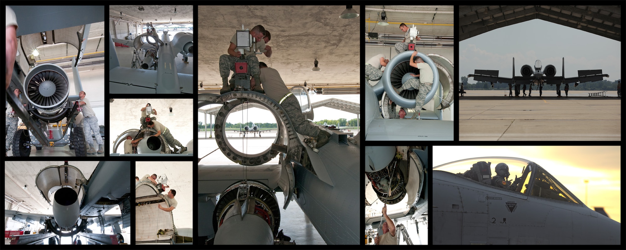 PHOTO OF THE YEAR: This composite photo of photos taken by Technical Sgt. Robert Hanet, highlight the work of Airmen from the 127th Maintenance Group as they change an engine in an A-10 Thunderbolt II as part of a routine, scheduled maintenance operation, Sept. 16, 2012. The photo composite was one of the finalists for the title of 2012 Photo of the Year at Selfridge Air National Guard Base, Mich. (Air National Guard photo illustration by TSgt. Robert Hanet)