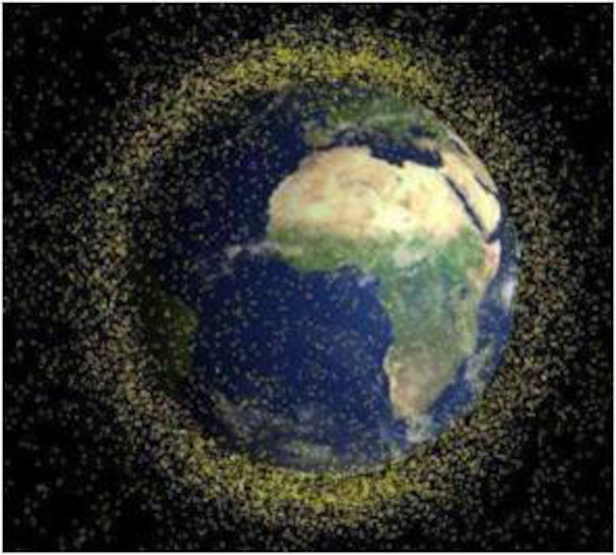 HANSCOM AIR FORCE BASE, Mass. - A graphic  depicts resident space objects surrounding Earth. The Space Fence program will provide he ability to detect, track,  identify and characterize orbiting objects. (Courtesy graphic)