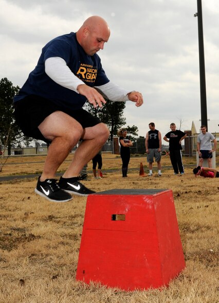 Airmen with the 188th Fighter Wing participate in a fitness competition as part of a dedication for the unit’s new track facility during a unit training assembly Dec. 1. (National Guard photo by Amn Cody Martin/188th Fighter Wing Public Affairs)