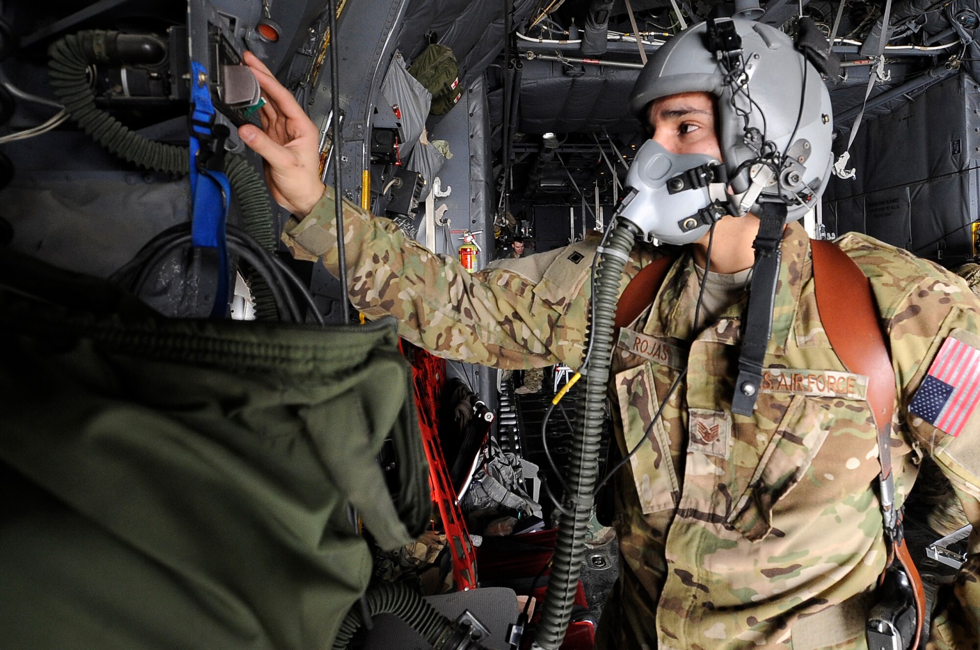 Staff Sgt. Steve Rojas prepares a C-130 Hercules here in support of the Aeromedical Evacuation and Critical Care Air Transport Teams to pick up patients throughout the area of responsibility on Dec. 18, 2012. Rojas is a loadmaster assigned to the 455th Expeditionary Airlift Squadron. (U.S. Air Force Photo/Master Sgt. Jun Kim)