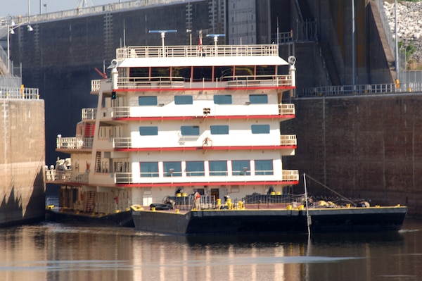 The Motor Vessel Mississippi locks through Kentucky Lock in Kuttawa, Ky., Aug. 11, 2011.  The vessel carried the Mississippi River Commission, which toured Kentucky Lock and the Lake Barkley Hydropower Plant during a low-water inspection trip on the Ohio River that included these U.S. Army Corps of Engineers Nashville District projects. (USACE photo by Lee Roberts)