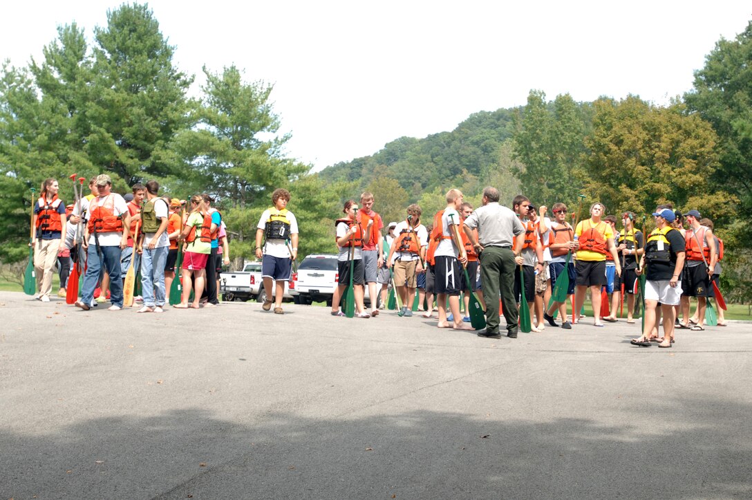 High School Students prepare to canoe down the Obey River in Celina, Tenn., Sept. 14, 2011. The U.S. Army Corps of Engineers Nashville District hosted a weeklong environmental camp where young adults could learn in the great outdoors. (USACE photo by David Wheeler)